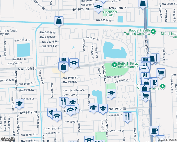 map of restaurants, bars, coffee shops, grocery stores, and more near 3350 Northwest 198th Terrace in Miami Gardens