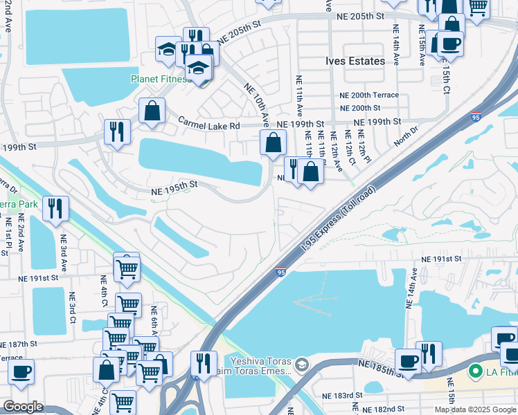 map of restaurants, bars, coffee shops, grocery stores, and more near 900 Northeast 195th Street in Miami