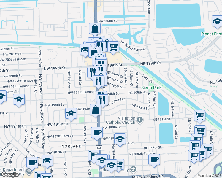 map of restaurants, bars, coffee shops, grocery stores, and more near 19530 Northwest 1st Avenue in Miami