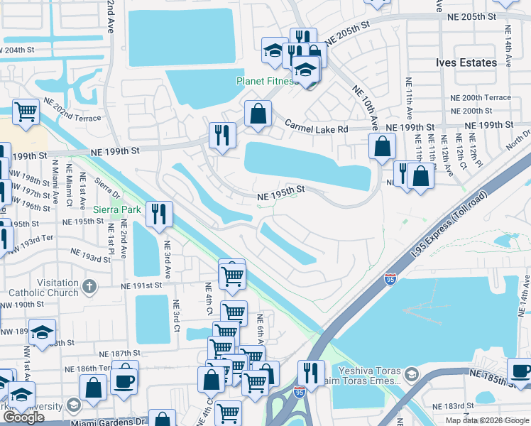 map of restaurants, bars, coffee shops, grocery stores, and more near 19308 Northeast 6th Avenue in Miami