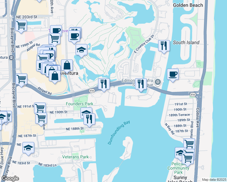 map of restaurants, bars, coffee shops, grocery stores, and more near 3400 Northeast 192 Street in Aventura