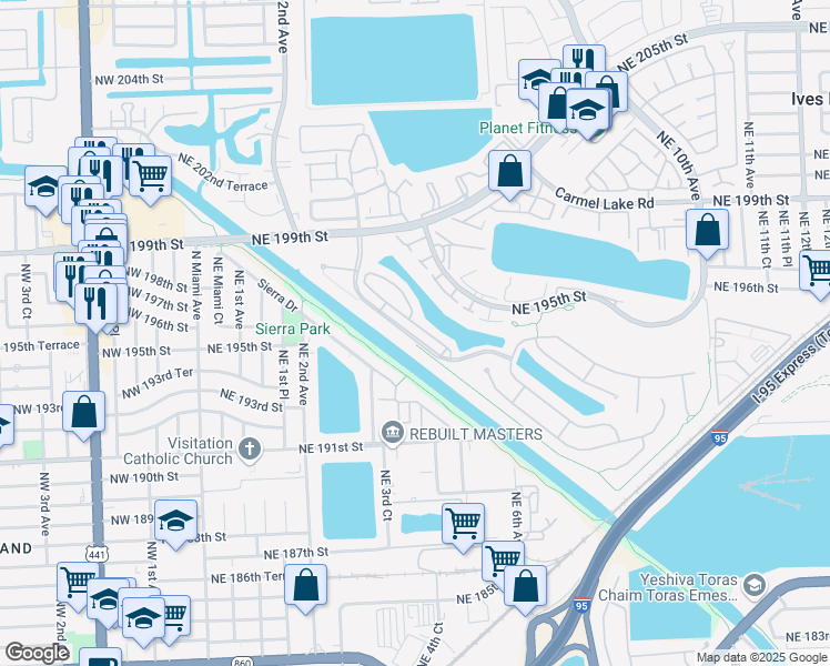 map of restaurants, bars, coffee shops, grocery stores, and more near 429 Northeast 194th Terrace in Miami