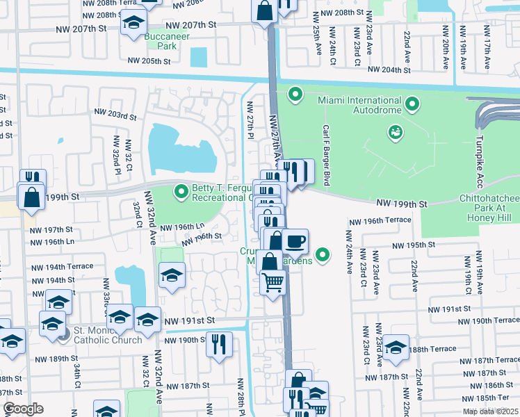 map of restaurants, bars, coffee shops, grocery stores, and more near 19850 Northwest 27th Avenue in Miami Gardens