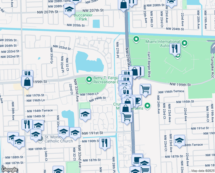 map of restaurants, bars, coffee shops, grocery stores, and more near 2873 Northwest 197th Terrace in Miami Gardens