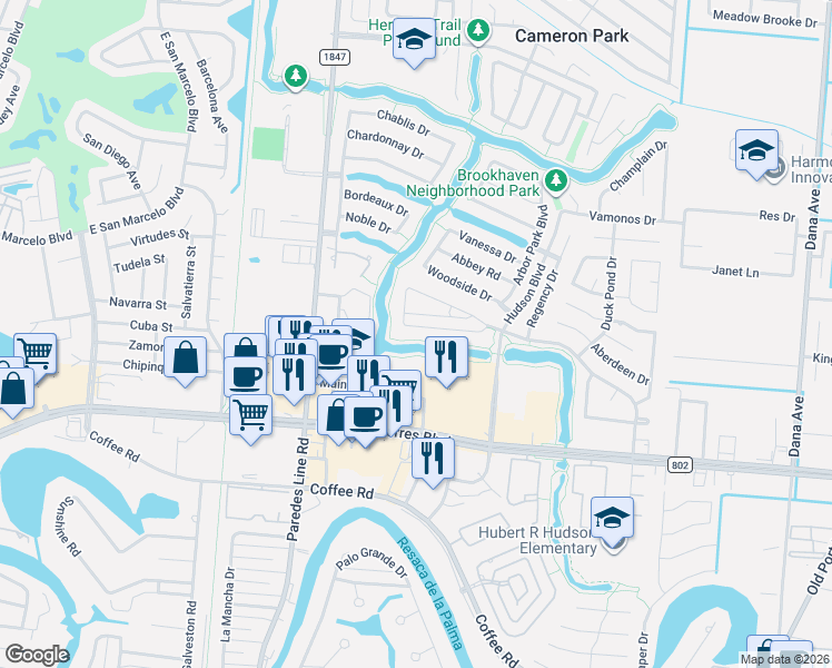map of restaurants, bars, coffee shops, grocery stores, and more near 2417 Salerno Drive in Brownsville