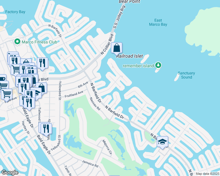 map of restaurants, bars, coffee shops, grocery stores, and more near Bimini Avenue in Marco Island