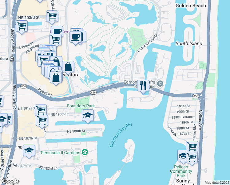 map of restaurants, bars, coffee shops, grocery stores, and more near 3400 Northeast 192nd Street in Aventura