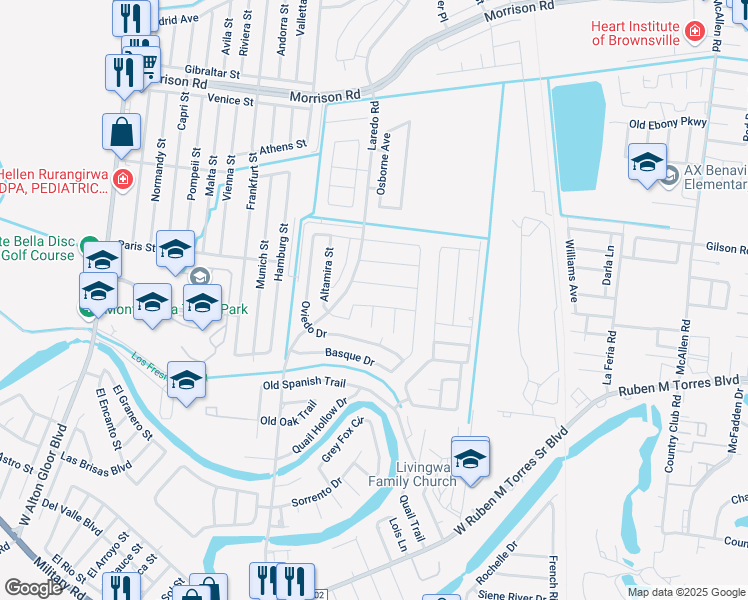 map of restaurants, bars, coffee shops, grocery stores, and more near 3536 Oviedo in Brownsville