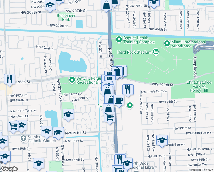 map of restaurants, bars, coffee shops, grocery stores, and more near 19850 Northwest 27th Avenue in Miami Gardens
