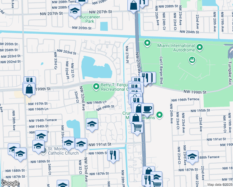 map of restaurants, bars, coffee shops, grocery stores, and more near 2873 Northwest 197th Terrace in Miami Gardens