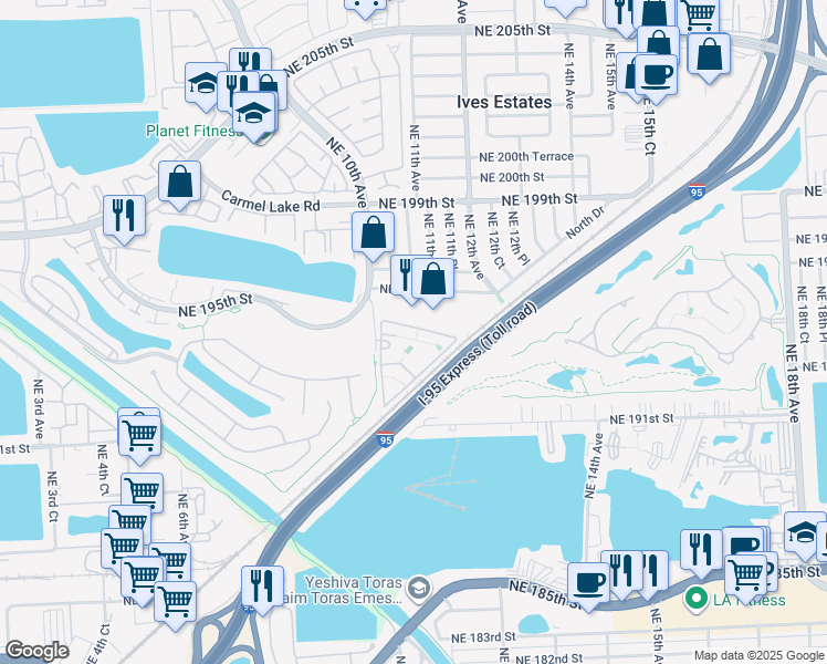 map of restaurants, bars, coffee shops, grocery stores, and more near 19499 Northeast 10th Avenue in Miami