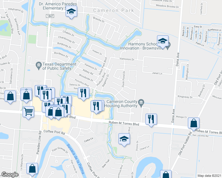 map of restaurants, bars, coffee shops, grocery stores, and more near 3140 Aberdeen Drive in Brownsville