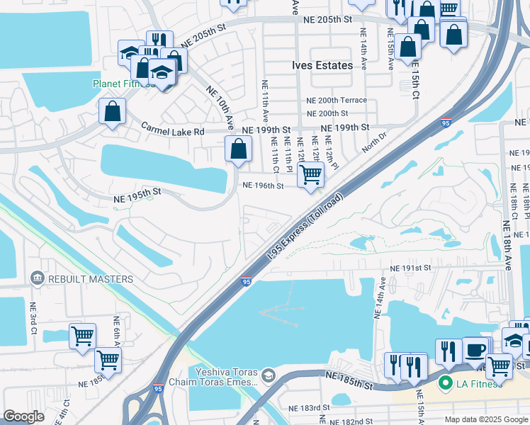 map of restaurants, bars, coffee shops, grocery stores, and more near 19499 Northeast 10th Avenue in Miami
