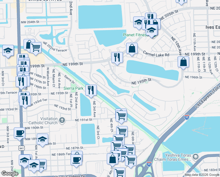 map of restaurants, bars, coffee shops, grocery stores, and more near 429 Northeast 194th Terrace in Miami