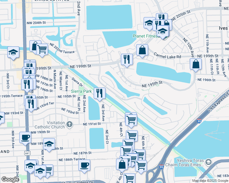 map of restaurants, bars, coffee shops, grocery stores, and more near 429 Northeast 194th Terrace in Miami