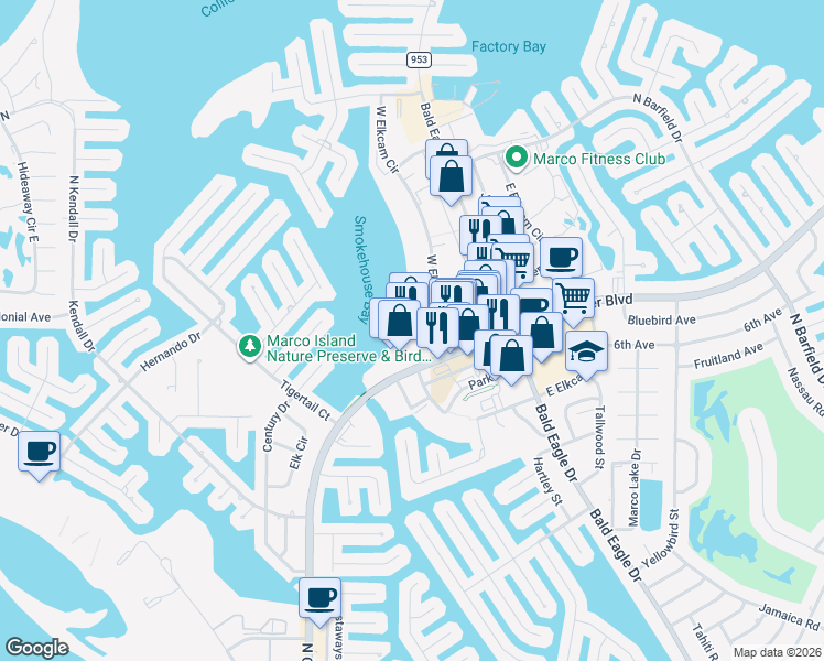 map of restaurants, bars, coffee shops, grocery stores, and more near 760 North Collier Boulevard in Marco Island