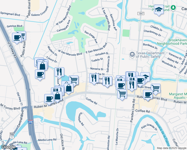 map of restaurants, bars, coffee shops, grocery stores, and more near 40 Cuba Street in Brownsville
