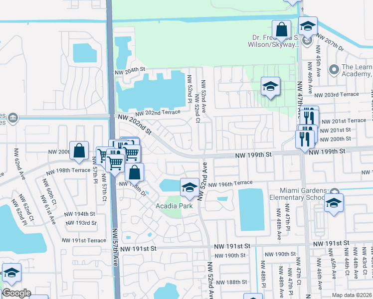 map of restaurants, bars, coffee shops, grocery stores, and more near 19925 Northwest 53rd Court in Opa-locka