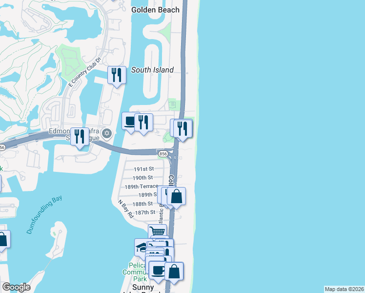 map of restaurants, bars, coffee shops, grocery stores, and more near 19201 Collins Avenue in Sunny Isles Beach