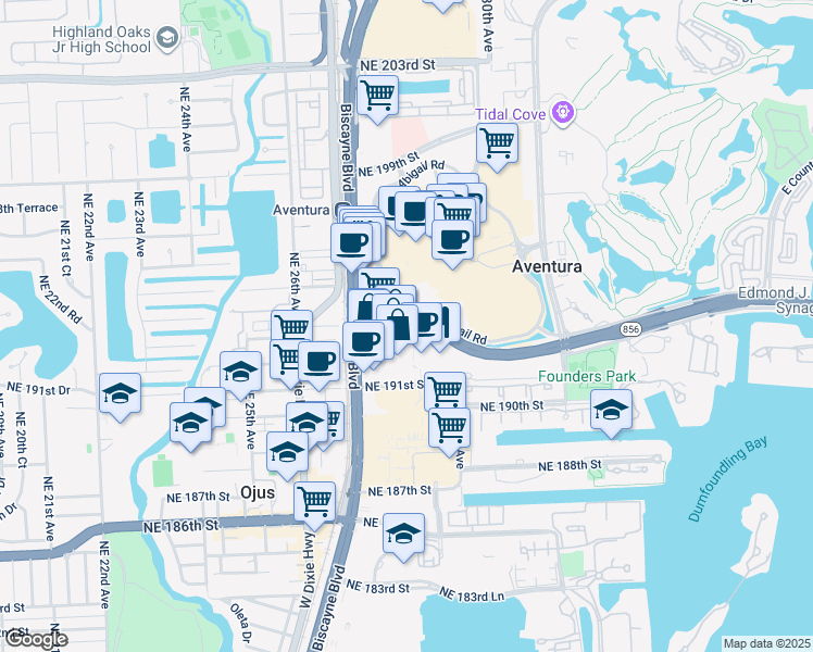 map of restaurants, bars, coffee shops, grocery stores, and more near 2801 Northeast 193rd Street in Miami