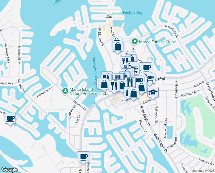 map of restaurants, bars, coffee shops, grocery stores, and more near 740 North Collier Boulevard in Marco Island