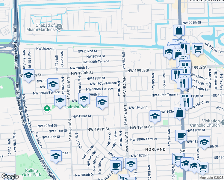 map of restaurants, bars, coffee shops, grocery stores, and more near 19620 Northwest 8th Avenue in Miami