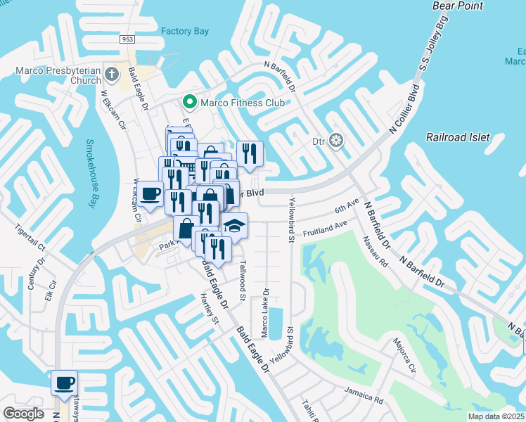 map of restaurants, bars, coffee shops, grocery stores, and more near 1127 Bluebird Avenue in Marco Island