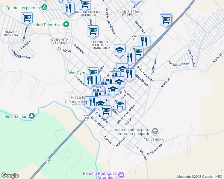 map of restaurants, bars, coffee shops, grocery stores, and more near 413 Allende in Ciénega de Flores