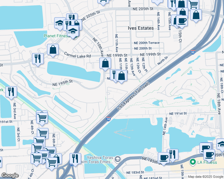 map of restaurants, bars, coffee shops, grocery stores, and more near 19477 Northeast 10th Avenue in North Miami Beach