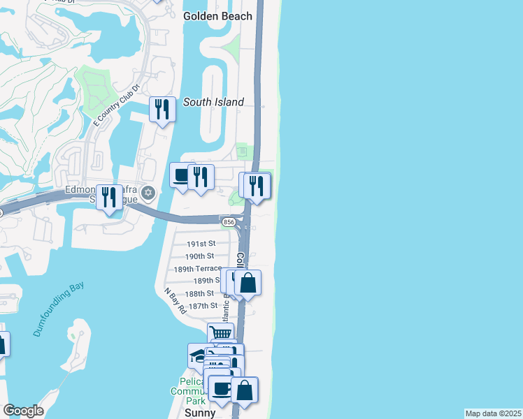 map of restaurants, bars, coffee shops, grocery stores, and more near 19201 Collins Avenue in Sunny Isles Beach