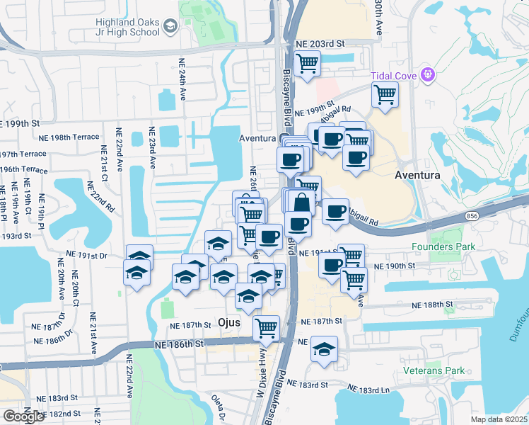 map of restaurants, bars, coffee shops, grocery stores, and more near 19301 S Dixie Hwy in Ojus