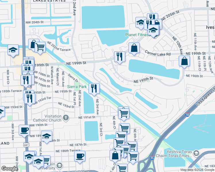 map of restaurants, bars, coffee shops, grocery stores, and more near 429 Northeast 194th Terrace in Miami