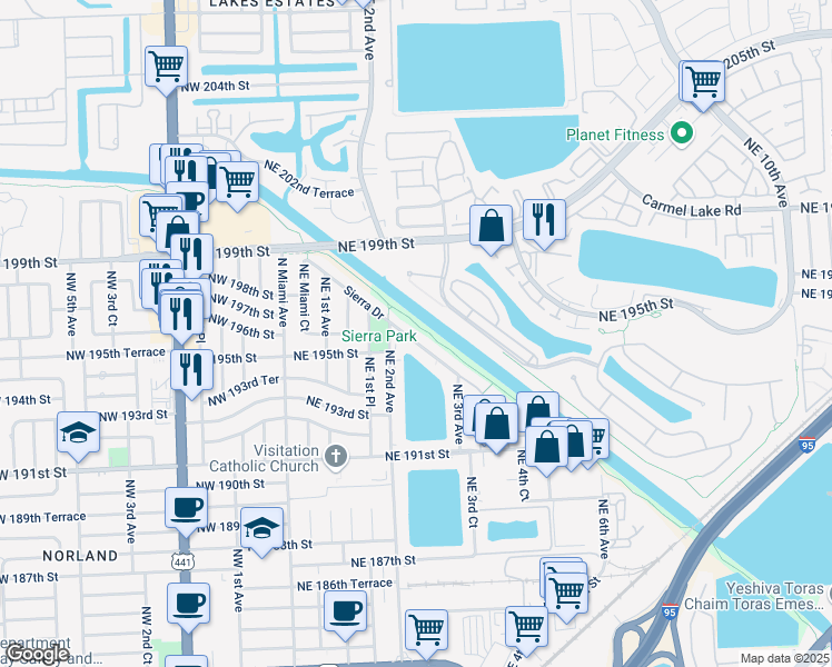 map of restaurants, bars, coffee shops, grocery stores, and more near 255 Sierra Drive in Miami