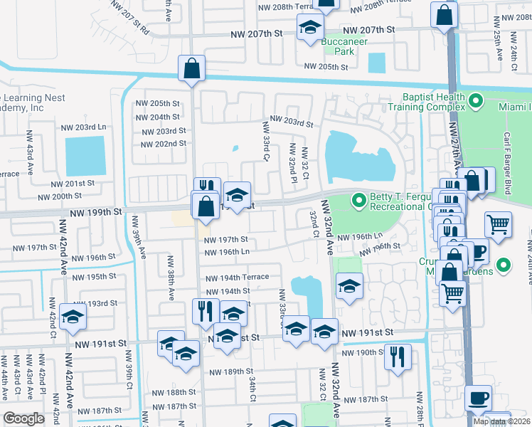 map of restaurants, bars, coffee shops, grocery stores, and more near 3350 Northwest 198th Terrace in Miami Gardens