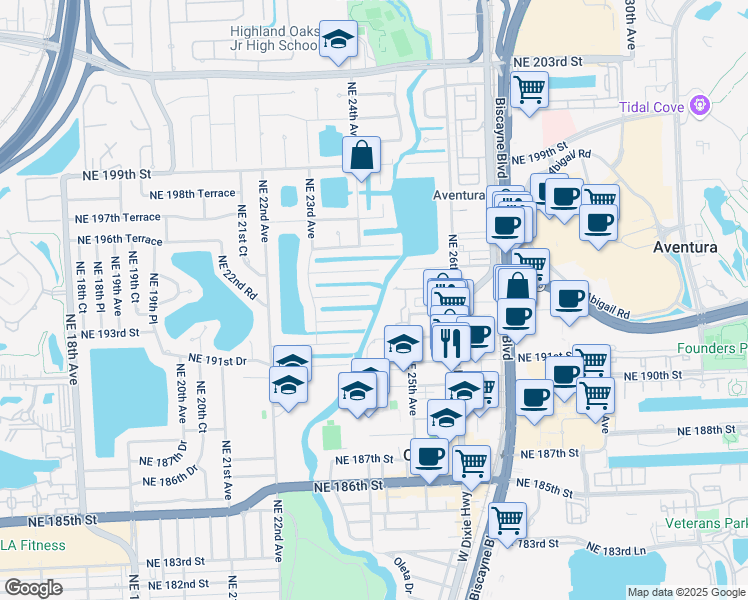 map of restaurants, bars, coffee shops, grocery stores, and more near 2420 Northeast 194th Street in Miami
