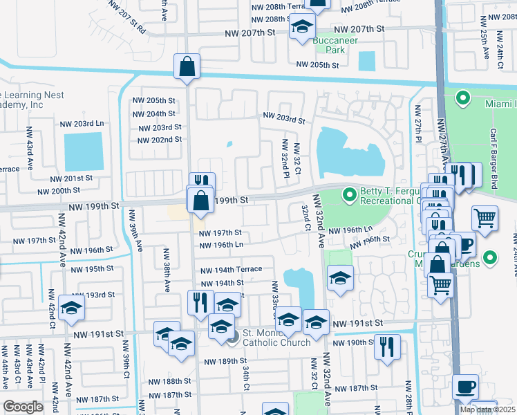 map of restaurants, bars, coffee shops, grocery stores, and more near 3350 Northwest 198th Terrace in Miami Gardens
