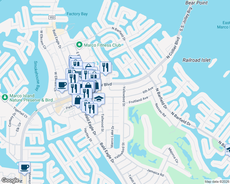 map of restaurants, bars, coffee shops, grocery stores, and more near 1143 Bluebird Avenue in Marco Island