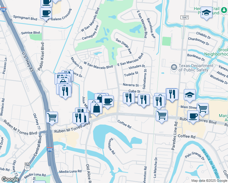 map of restaurants, bars, coffee shops, grocery stores, and more near 505 South San Marcelo Boulevard in Brownsville