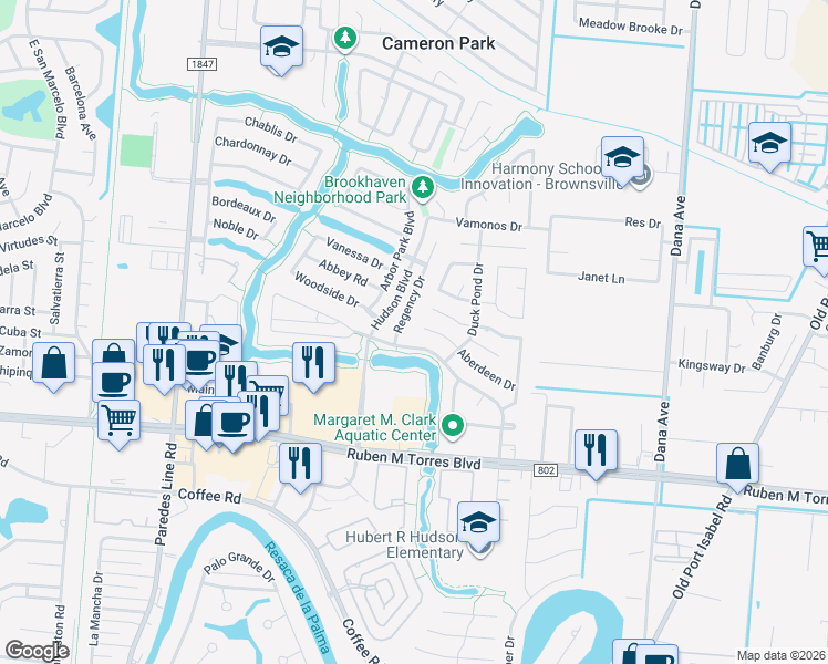 map of restaurants, bars, coffee shops, grocery stores, and more near 3158 Aberdeen Drive in Brownsville