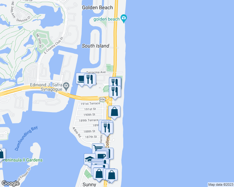 map of restaurants, bars, coffee shops, grocery stores, and more near 19201 Collins Avenue in Sunny Isles Beach