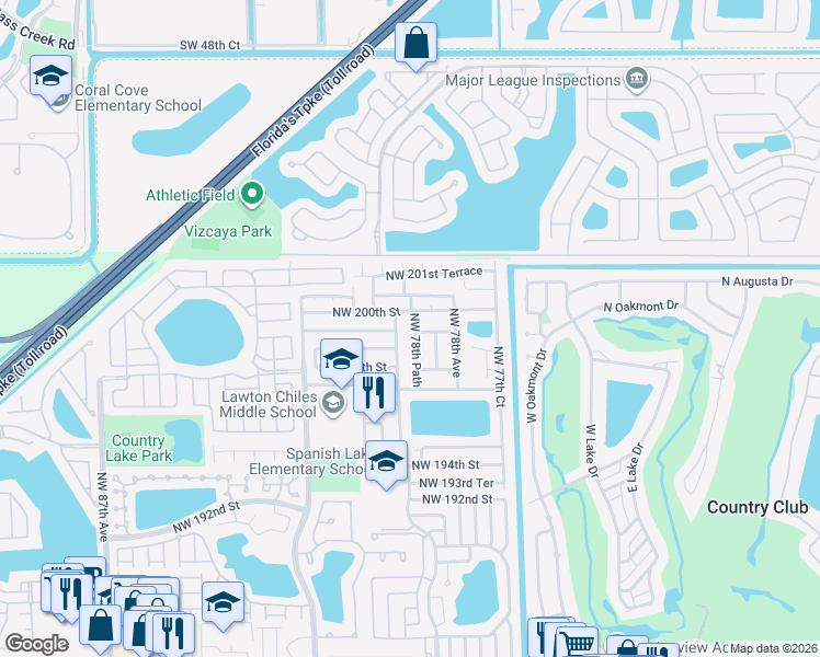 map of restaurants, bars, coffee shops, grocery stores, and more near 19931 Northwest 79th Avenue in Hialeah