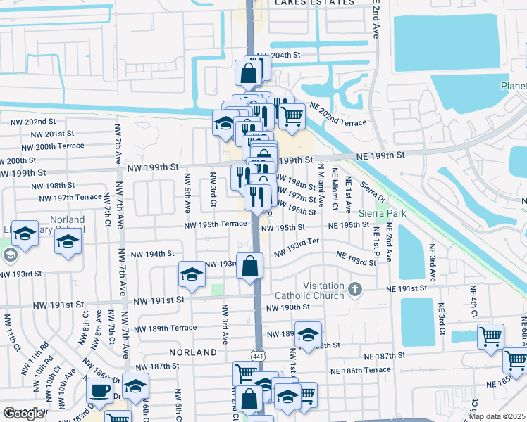 map of restaurants, bars, coffee shops, grocery stores, and more near 19573 Northwest 2nd Avenue in Miami Gardens