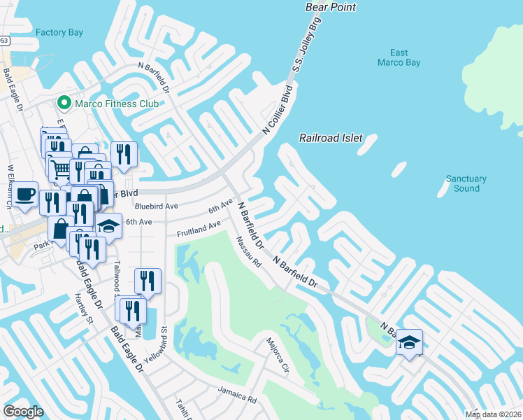 map of restaurants, bars, coffee shops, grocery stores, and more near 651 Bamboo Court in Marco Island