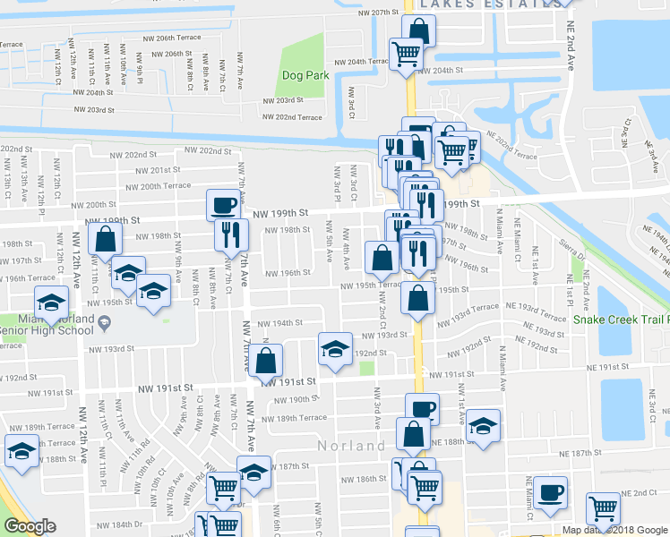 map of restaurants, bars, coffee shops, grocery stores, and more near 19605 Northwest 5th Avenue in Miami