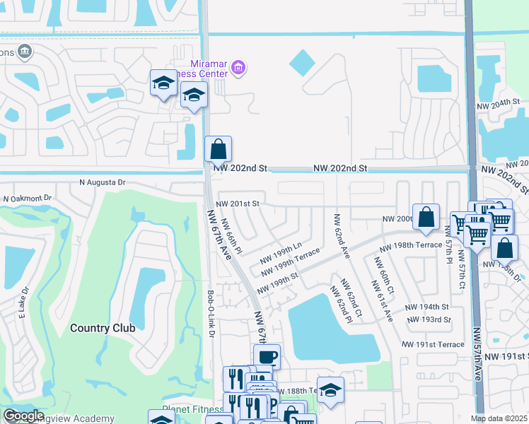 map of restaurants, bars, coffee shops, grocery stores, and more near 20037 Northwest 64th Court Road in Hialeah