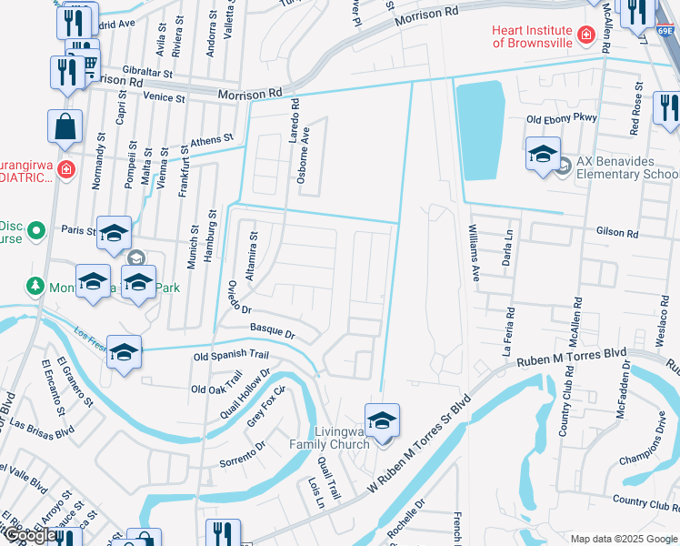 map of restaurants, bars, coffee shops, grocery stores, and more near 4045 Azalea Trail in Brownsville