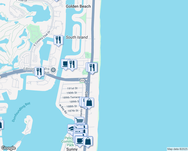 map of restaurants, bars, coffee shops, grocery stores, and more near 19201 Collins Avenue in Sunny Isles Beach