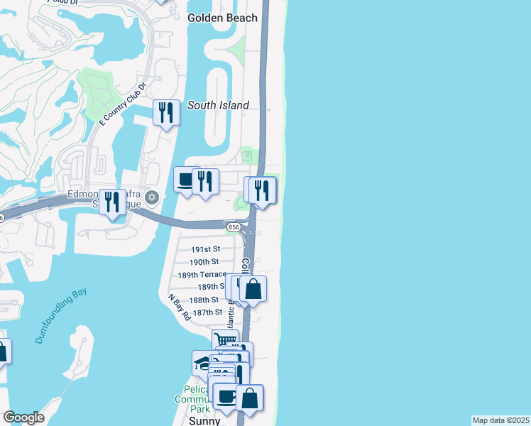 map of restaurants, bars, coffee shops, grocery stores, and more near 19201 Collins Avenue in Sunny Isles Beach