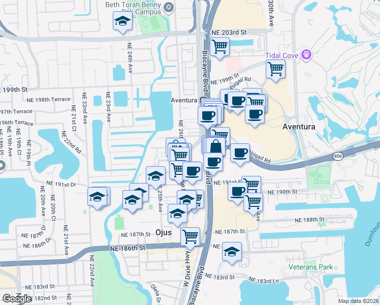 map of restaurants, bars, coffee shops, grocery stores, and more near 19301 S Dixie Hwy in Ojus