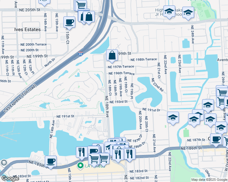 map of restaurants, bars, coffee shops, grocery stores, and more near 19410 NE 18th Pl in North Miami Beach